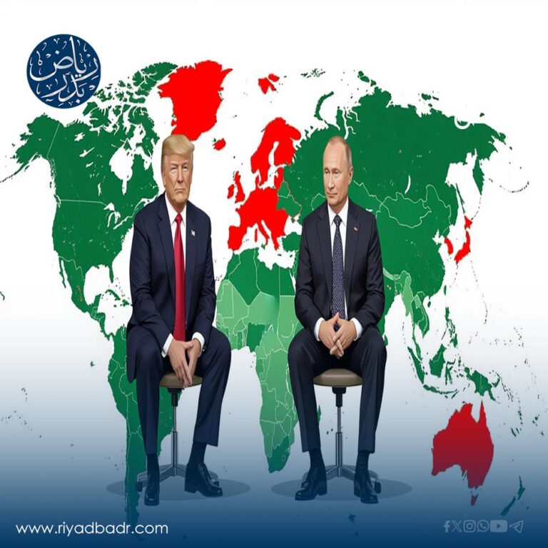 بوتين وترمب يجلسان على الكرسي امام خريطة العالم