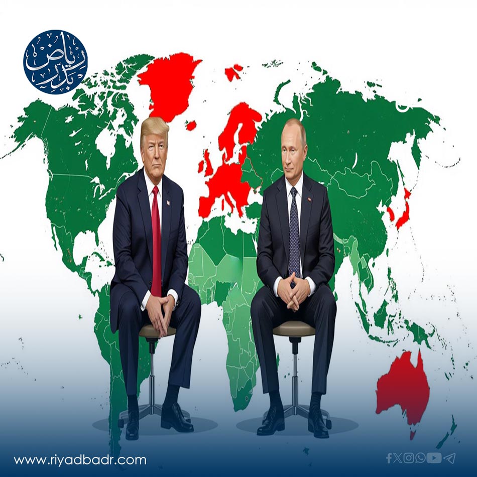 بوتين وترمب يجلسان على الكرسي امام خريطة العالم
