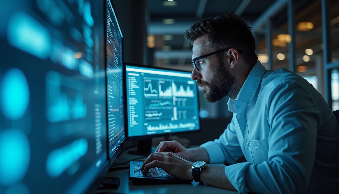 Eye-level view of a researcher analyzing data on multiple screens