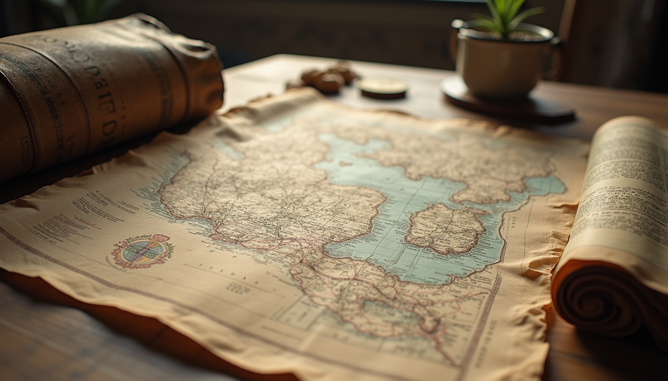 High angle view of historical documents and maps spread on a table