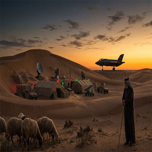 منطقة صحراوية وراعي غنم وقاعدة عسكرية